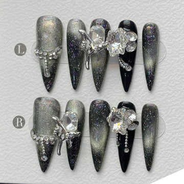 10pc Stiletto Almond Press On Nails Dark Black Fake Nails With Butterfly Star Design Hot Girl Detachable Full Cover Nail Art Tip